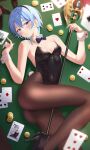  1girl absurdres ace_(playing_card) ace_of_diamonds ace_of_hearts animal_ears bare_shoulders black_bow black_bowtie black_footwear black_leotard black_pantyhose blue_eyes blue_hair blue_nails blurry blush bow bow_earrings bowtie breasts card coin commentary covered_navel depth_of_field detached_collar diamond_(shape) earrings fake_animal_ears fake_tail fingernails from_above hair_between_eyes halberd hands_up heart high_heels highleg highleg_leotard highres hololive hoshimachi_suisei jewelry legs leotard long_fingernails looking_at_viewer lying medium_breasts nail_polish on_back pantyhose parted_lips playboy_bunny playing_card polearm pumps rabbit_ears rabbit_tail shinigami_kiraki short_hair solo star_(symbol) star_in_eye strapless strapless_leotard symbol_in_eye tail teeth thighs virtual_youtuber weapon white_wrist_cuffs wrist_cuffs 