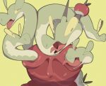 ambiguous_gender apple countershading feral food fruit generation_9_pokemon green_background green_body green_scales hi_res horn hydrapple looking_at_viewer nintendo plant pokemon pokemon_(species) red_body scales serpentine simple_background smile solo tail tongue tongue_out umixign