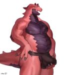 anthro balls bebebebebe biped bottomwear clothed clothing dragon erection genitals hi_res loincloth male open_mouth red_body simple_background skimpy solo white_background