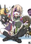  &gt;_&lt; 5girls :3 anger_vein anti-rain_(girls&#039;_frontline) asymmetrical_legwear beret black_footwear black_gloves black_hair black_jacket black_socks black_thighhighs blonde_hair blunt_bangs blush_stickers brown_hair carrying carrying_person chibi chibi_inset chinese_commentary commentary_request eyepatch fingerless_gloves full_body girls&#039;_frontline gloves grabbing_another&#039;s_hair grey_hair hair_ornament hat headgear highres hk416_(girls&#039;_frontline) jacket kneehighs long_hair long_sleeves m16a1_(girls&#039;_frontline) m4_sopmod_ii_(girls&#039;_frontline) m4a1_(girls&#039;_frontline) multicolored_hair multiple_girls necktie o_o open_mouth peeking_out purple_hair purple_jacket red_hair seal_impression shaded_face simple_background sitting socks st_ar-15_(girls&#039;_frontline) streaked_hair su_xiao_jei tearing_up tears thighhighs trembling uneven_legwear white_background x3 |_| 