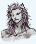  1girl animal_ears animal_nose artist_name body_fur closed_mouth collarbone final_fantasy final_fantasy_xiv furry furry_female highres hrothgar lion_ears lion_girl long_hair monochrome slit_pupils smile solo upper_body warrior_of_light_(ff14) zircoot 