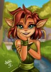2024 absurd_res activision anthro arm_tuft arsbin brown_body brown_fur brown_hair building clothing elbow_tuft elora eyebrows eyelashes faun_(spyro) female fur green_eyes hair half-length_portrait hand_on_arm hand_on_cheek hi_res leaf_clothing looking_at_viewer mammal open_mouth open_smile outside plant portrait short_hair smile solo spyro_the_dragon tree tuft wristband