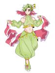  absurdres bracelet clenched_hand detached_sleeves gotoroku_(pkg) green_hair hair_ornament harem_pants highres jewelry meganium midriff navel pants personification pokemon see-through short_hair standing white_background yellow_eyes 