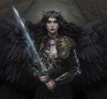  1girl absurdres armor bbergolts black_armor black_hair black_wings chain crown_of_thorns feathered_wings highres holding holding_sword holding_weapon long_hair looking_at_viewer original pauldrons red_eyes shoulder_armor solo sword upper_body weapon wings 