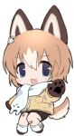  1girl animal_ears animal_hands animal_scarf bandaid bandaid_on_knee bandaid_on_leg blue_eyes blush_stickers borrowed_character brown_footwear brown_gloves brown_hair brown_shorts chibi colored_tips dog_ears dog_girl dog_tail fang full_body gloves hair_between_eyes hair_ornament jacket lapithai leg_warmers long_sleeves looking_at_viewer lowres multicolored_hair open_mouth original paw_gloves rabbit_hair_ornament reaching reaching_towards_viewer scarf short_hair shorts simple_background skin_fang solo tail transparent_background white_leg_warmers white_scarf yellow_jacket 