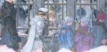  2girls 3boys absurdres ahoge alisaie_leveilleur alphinaud_leveilleur amaurot_moyu_shimin animal_ears armor au_ra belt blonde_hair blue_coat blue_eyes braid braided_ponytail breastplate breath cape cat_ears chinese_commentary coat commentary_request cowboy_shot different_reflection dragon_girl dragon_horns dragon_tail dragoon_(final_fantasy) elezen elf estinien_varlineau final_fantasy final_fantasy_xiv from_side frost fur-trimmed_coat fur_trim g&#039;raha_tia gauntlets grey_coat hair_ribbon hand_up hat haurchefant_greystone head_out_of_frame highres holding holding_map horns long_hair long_sleeves map miqo&#039;te multiple_boys multiple_girls neck_tattoo no_eyes open_mouth outdoors pointy_ears red_hair reflection ribbon sage_(final_fantasy) sample_watermark scales short_hair smile tail tail_through_clothes tattoo walking watermark weapon weapon_on_back weibo_logo weibo_username white_cape white_coat white_hair white_headwear window winter ysayle_dangoulain 