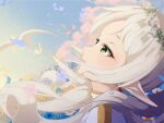  1girl aruhian blue_flower commentary dangle_earrings earrings elf english_commentary falling_flower falling_petals flower frieren green_eyes head_wreath highres jewelry long_hair nemophila_(flower) outdoors petals pink_flower pointy_ears solo sousou_no_frieren twintails white_hair 