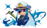  1girl bamboozler_14_(splatoon) blue_hair commentary english_commentary eyepatch hat inkling inkling_girl long_hair military_hat open_mouth pointy_ears red_eyes solo splatoon_(series) splatoon_3 teeth tentacle_hair tokkibada upper_body white_background 