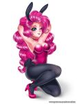  1girl animal_ears black_pantyhose blue_eyes breasts high_heels humanization large_breasts long_hair looking_at_viewer my_little_pony my_little_pony:_equestria_girls my_little_pony:_friendship_is_magic pantyhose pink_hair pinkie_pie playboy_bunny rabbit_ears rabbit_tail racoon-kun solo tail 