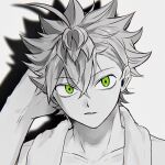  1boy ahoge asta_(black_clover) black_clover brakuro_oji green_eyes grey_hair hand_in_own_hair highres long_bangs looking_at_viewer male_focus parted_lips solo spiked_hair towel towel_around_neck 