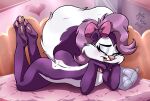 accessory anthro bed blush bow_ribbon female fifi_la_fume furniture hair_accessory hair_bow hair_ribbon hi_res joakaha looking_at_viewer lying mammal mephitid on_front one_eye_closed pawpads pillow ribbons skunk solo tiny_toon_adventures warner_brothers wink