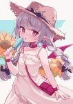  1girl bag black_bow blush bow braid collar cowboy_shot demon_wings dress flower food grey_hair hair_bow hat highres karunabaru long_hair looking_at_viewer makaino_ririmu multicolored_hair nijisanji pointy_ears popsicle red_collar red_eyes red_hair red_wings shoulder_bag solo strap_slip straw_hat sundress sunflower tongue tongue_out twin_braids two-tone_hair virtual_youtuber white_dress wings wrist_cuffs 