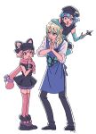  1girl 2boys :d animal_hands animal_hat apron black_dress black_pants blonde_hair blue_eyes blue_hair brother_and_sister cabbie_hat carrying carrying_person cat_hat crossdressing dorothy_west dress full_body gloves hair_between_eyes hands_up hat height_difference highres holding holding_weapon idol_land_pripara long_hair looking_at_another mole mole_under_eye multicolored_hair multiple_boys ninja open_mouth otoko_no_ko pants paw_gloves paw_shoes pink_eyes pink_hair pink_scarf pink_thighhighs pretty_series pripara purple_apron reona_west rituyama1 sandals scarf short_hair shuriken siblings simple_background sitting sitting_on_person smile standing streaked_hair thighhighs twins ushimitsu_(pripara) weapon white_background 