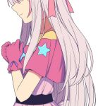  1girl closed_mouth cosplay dress faceless faceless_female from_side gloves grey_hair hitsuki_rei hoshino_ai_(oshi_no_ko) hoshino_ai_(oshi_no_ko)_(cosplay) indie_virtual_youtuber long_hair multicolored_hair nica_wolper one_side_up oshi_no_ko pink_dress pink_gloves pink_hair rabbit_tail simple_background solo star_(symbol) streaked_hair tail very_long_hair virtual_youtuber white_background 