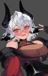  1girl bare_shoulders black_gloves black_horns blush bodystocking breasts character_request cleavage commentary_request curly_hair eus_ing glasses gloves highres horns large_breasts looking_at_viewer original pink_eyes puffy_sleeves smile solo star_ornament v zipper 