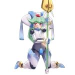 1girl :o armor byte_(grunty-hag1) commentary_request crop_top full_body green_hair helmet holding holding_staff long_hair mega_man_(series) mega_man_zx open_mouth pandora_(mega_man) red_eyes simple_background solo staff white_background 