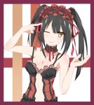  1girl alruna bare_shoulders black_hair border breasts date_a_live finger_to_head frilled_hairband frills hairband highres lolita_hairband medium_breasts one_eye_closed red_border solo tokisaki_kurumi twintails two-tone_dress upper_body yellow_eyes 