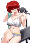  1girl absurdres adjusting_clothes bandaid bandaid_on_cheek bandaid_on_face barbell bench blush breasts closed_eyes crop_top duck_(samas_king) genderswap genderswap_(mtf) highres holding holding_towel navel open_mouth ponytail ranma-chan ranma_1/2 red_hair saotome_ranma shorts solo steaming_body sweat tank_top thighs towel weights white_background white_tank_top 