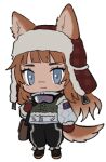  1girl :3 animal_ears bag baggy_pants black_footwear black_pants blue-tinted_eyewear blue_eyes blunt_bangs borrowed_character brown_bag brown_hair chibi closed_mouth cross_scar dog_ears dog_girl dog_tail full_body fur-trimmed_headwear fur-trimmed_jacket fur-trimmed_sleeves fur_hat fur_trim gloves goggles goggles_around_neck gradient_hair grey_jacket hand_up hat jacket lapithai long_sleeves looking_at_viewer lowres multicolored_hair original pants plaid_headwear red_gloves red_headwear satchel scar scar_on_face scar_on_nose simple_background ski_goggles solo standing tail tinted_eyewear transparent_background ushanka 