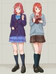  2girls alexandra_magritte black_footwear black_socks blazer blue_bow blue_bowtie blue_skirt blush book_the_star bow bowtie brown_skirt closed_mouth collared_shirt crossover full_body green_socks grey_sweater hand_in_pocket highres jacket kneehighs loafers long_sleeves love_live! love_live!_school_idol_project multiple_girls nishikino_maki one_eye_closed otonokizaka_school_uniform plaid plaid_skirt purple_eyes purple_jacket red_bow red_bowtie red_hair school_uniform shirt shoes short_hair skirt smile socks standing sweater tada-kun_wa_koi_wo_shinai white_shirt winter_uniform 