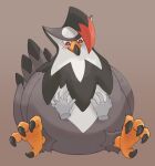 2023 ambiguous_gender avian beak belly belly_rub belly_squish big_belly biped bird black_body black_feathers black_hair blush brown_background digital_drawing_(artwork) digital_media_(artwork) duo feathers feet feral front_view generation_4_pokemon grey_body grey_feathers hair hand_on_stomach hi_res highlights_(coloring) looking_down multicolored_body multicolored_feathers nintendo overweight overweight_ambiguous overweight_feral pokemon pokemon_(species) red_eyes red_highlights simple_background sitting solo_focus squish staraptor tail tail_feathers talons toes white_body white_feathers xeniyy
