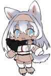  1girl :3 animal_ears belt black_scarf blue_eyes blush_stickers borrowed_character brown_leg_warmers brown_skirt chest_harness chibi dark-skinned_female dark_skin dog_ears dog_girl dog_tail full_body fur-trimmed_sleeves fur_trim grey_hair hair_between_eyes hairband hands_up harness lapithai leg_warmers long_hair long_sleeves looking_at_viewer lowres no_pupils open_mouth original pom_pom_(clothes) scarf shrug_(clothing) simple_background skirt solo standing sweater tail thighhighs transparent_background white_hair white_sweater white_thighhighs 