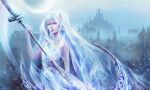  1girl absurdres artist_name blurry blurry_background company_captain_yorshka dark_souls_(series) dark_souls_iii dreamfield dress highres holding holding_polearm holding_weapon long_hair moon motion_blur night outdoors polearm scales solo veil very_long_hair weapon white_dress white_hair 