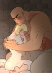  1boy 1girl absurdres bald barefoot bed blonde_hair blush brick_wall chanko_122 dorshe dress gown grey_pants highres hilling_(ousama_ranking) hug long_hair mature_female mature_male muscular muscular_male one-eyed ousama_ranking pants profile scar scar_on_chest scar_on_face scar_on_neck scar_on_stomach sitting teardrop topless_male undressing_another white_dress 