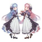  2girls apron blue_eyes blue_footwear bow cherico cup gradient_hair hair_bow hat holding holding_cup holding_saucer holding_teapot kotonoha_akane kotonoha_aoi looking_at_viewer maid maid_apron mary_janes mob_cap multicolored_hair multiple_girls open_mouth pink_eyes pink_hair red_footwear saucer shoes simple_background smile teacup teapot voiceroid white_background 