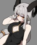  1girl animal_ears black_dress black_horns bolt_(min_lona) breasts china_dress chinese_clothes cleavage cleavage_cutout clothing_cutout covered_navel dress goat_ears goat_girl goat_horns grey_hair highres horizontal_pupils horns impossible_clothes large_breasts long_hair looking_at_viewer low-tied_long_hair min_lona original simple_background sleeveless sleeveless_dress solo very_long_hair yellow_eyes 
