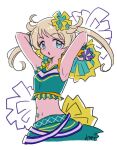  1girl :o armpits arms_behind_head arms_up blonde_hair blue_eyes breasts cheerleader commentary_request cowboy_shot green_shirt green_skirt hair_ornament holding holding_pom_poms kiratto_pri_chan long_hair looking_at_viewer midriff moegi_emo open_mouth pom_pom_(cheerleading) pretty_series rituyama1 shirt signature simple_background skirt sleeveless sleeveless_shirt small_breasts solo standing twintails white_background 