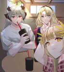  3girls :t absurdres arknights black_shirt blonde_hair blue_eyes crossed_arms cup dragon_girl dragon_horns drinking_straw drinking_straw_in_mouth grey_hair hair_ornament hand_up highres holding holding_cup horns indoors jacket kristen_(arknights) laurels laurene_(miawwmeng) long_hair muelsyse_(arknights) multiple_girls o3o open_clothes open_jacket orange_eyes plaid plaid_shirt red_jacket saria_(arknights) selfie shirt short_sleeves smile t-shirt table twitter_username upper_body white_shirt window yellow_eyes 