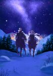  1boy 1girl ai-wa aurora blonde_hair boots brother_and_sister cloak drill_hair elise_(fire_emblem) fire_emblem fire_emblem_fates floating_hair highres horse horseback_riding leo_(fire_emblem) long_hair mountain mountainous_horizon night night_sky outdoors riding siblings sky smile snow star_(sky) starry_sky tree twin_drills 