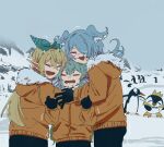  3girls bird black_gloves black_pants blonde_hair blue_hair closed_eyes elira_pendora fangs finana_ryugu fur-trimmed_jacket fur_trim furrowed_brow gloves green_hair green_ribbon hair_between_eyes hair_over_one_eye hair_ribbon highres hood hood_down hooded_jacket hug jacket lazulight long_hair long_sleeves mountainous_horizon multiple_girls nijisanji nijisanji_en one_eye_covered open_mouth orange_jacket pants penguin pointy_ears pomu_rainpuff ribbon starjinxin trembling upper_body virtual_youtuber wavy_mouth 