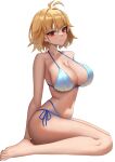  antenna_hair arcueid_brunestud barefoot bikini blonde_hair blue_bikini breasts cleavage feet full_body hair_intakes highres large_breasts legs nail_polish navel phaethonvt red_eyes smile solo swimsuit toenail_polish toenails toes tsukihime white_background 