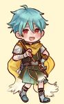  1boy ahoge bandaged_arm bandages blue_hair chibi cloak commission dotted-clouds english_commentary fire_emblem fire_emblem:_the_blazing_blade fire_emblem_heroes full_body gloves highres looking_at_viewer nils_(fire_emblem) red_eyes simple_background single_glove smile solo two-tone_background yellow_background 