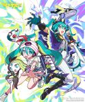  2girls aqua_hair bag black_gloves blonde_hair blue_eyes blue_gloves breasts dragon_miku_(project_voltage) fake_horns gauntlets gloves hair_between_eyes hatsune_miku headphones highres holding holding_microphone horns long_hair meloetta meloetta_(aria) microphone miraidon multicolored_hair multiple_girls official_art open_mouth pants poke_ball poke_ball_(basic) pokemon pokemon_(creature) project_voltage psychic_miku_(project_voltage) saitou_naoki single_gauntlet skirt small_breasts twintails very_long_hair vocaloid white_gloves 