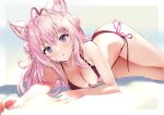  1girl ahoge animal_ear_fluff animal_ears bikini black_bikini blush breasts cleavage hakui_koyori highres hololive long_hair looking_at_viewer lying on_side open_mouth outstretched_arm pink_eyes pink_hair pukara side-tie_bikini_bottom solo swimsuit tail thighs virtual_youtuber wolf_ears wolf_girl wolf_tail 