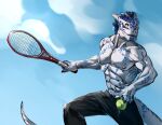 abs animal_humanoid anthro argonian ball bethesda_softworks bottomwear clothed clothing hair hi_res humanoid kaal_(secretkaal) male muscular muscular_anthro muscular_male nightarm nipples pants pecs reptile scalie shirtless shirtless_anthro shirtless_male solo sport tennis tennis_ball tennis_racket the_elder_scrolls