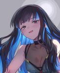  1girl bare_shoulders black_hair blue_hair breasts cleavage colored_inner_hair dress eyeliner fate/grand_order fate_(series) green_dress grey_eyes highres long_hair looking_at_viewer makeup medium_breasts mitsurugi_sugar multicolored_hair open_mouth see-through see-through_cleavage sidelocks smile solo tenochtitlan_(event_portrait)_(fate) tenochtitlan_(fate) 