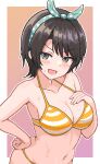  1girl aqua_eyes bare_shoulders bikini breasts brown_hair collarbone hair_ribbon hand_on_own_chest hand_on_own_hip hololive looking_at_viewer medium_breasts navel oozora_subaru oozora_subaru_(hololive_summer_2019) open_mouth pixel_art ribbon short_hair simple_background smile solo swimsuit wet zou_eita 