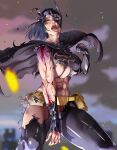  1girl abs albaro batgirl batman_(series) battle_damage belt black_bodysuit blood bodysuit breasts bruise cape cassandra_cain dc_comics injury large_breasts muscular muscular_female one_eye_closed open_mouth solo superhero torn_clothes utility_belt 