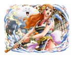  bandaid brown_eyes clima-tact cloud hair_ornament holding holding_polearm holding_weapon japanese_clothes long_hair nami_(one_piece) official_art one_piece one_piece_treasure_cruise open_mouth orange_hair polearm tattoo weapon zeus_(one_piece) 