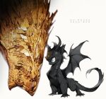  angry82pigeon black_body black_scales blue_eyes dragon dragon_horn duo english_text feral gold_scales horn male male/male quadruped scales scalie size_difference text western_dragon winged_dragon yellow_eyes 