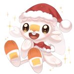  animal_focus bow bowtie brown_eyes commentary hat highres iwasi_29 no_humans open_mouth pokemon pokemon_(creature) rabbit red_bow red_bowtie santa_hat scorbunny simple_background sitting smile sparkle symbol-only_commentary teeth upper_teeth_only white_background white_fur 