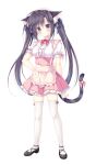  1girl absurdres amairo_chocolata animal_ear_fluff animal_ears apron bell black_footwear black_hair blue_eyes blush cat_ears cat_girl cat_tail dress full_body highres korie_riko long_hair looking_at_viewer maiba_nana maid maid_headdress non-web_source official_art photoshop_(medium) pink_apron short_dress short_sleeves simple_background solo standing tail tail_bell tail_ornament thighhighs twintails very_long_hair white_background white_thighhighs zettai_ryouiki 
