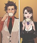 1boy 1girl ace_attorney black_jacket black_necktie breasts brown_eyes brown_hair buttons cleavage collared_shirt cup diego_armando earrings facial_hair formal holding holding_cup jacket jewelry large_breasts lcageki long_hair long_sleeves magatama mia_fey mole mole_under_mouth necklace necktie one_eye_closed open_mouth phoenix_wright:_ace_attorney_-_trials_and_tribulations red_shirt scarf shirt short_hair smile suit upper_body vest white_vest yellow_scarf 