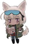  1girl :/ ahoge animal_ears black_bodysuit black_footwear blue-tinted_eyewear bodysuit book borrowed_character brown_gloves brown_hair chibi closed_mouth coat colored_sclera dark-skinned_female dark_skin dog_ears dog_girl dog_tail full_body gloves goggles goggles_on_head green_coat grey_sclera hands_up harness holding holding_book holding_pen hood hooded_coat lapithai long_sleeves looking_at_viewer lowres medium_hair original pen pink_eyes simple_background ski_goggles solo standing tail tinted_eyewear transparent_background 