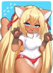 2024 4_fingers anthro asian_clothing blonde_hair blue_eyes blush bottomwear breasts brown_body brown_fur buruma claws clothed clothing cute_fangs digital_media_(artwork) domestic_cat east_asian_clothing felid feline felis female female_anthro finger_claws fingers footprint fur gloves_(marking) gym_bottomwear gym_clothing gym_shorts gym_uniform hair half-closed_eyes hi_res horokusa0519 japanese_clothing kemono long_hair looking_at_viewer mammal markings multicolored_body multicolored_fur narrowed_eyes open_mouth pawpads pawprint portrait shorts solo tail tan_body tan_fur three-quarter_portrait tight_clothing tongue uniform white_body white_fur