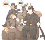 anthro austria-hungary backpack beverage brown_body callmetatsuo canid canine canis christmas clothed clothing cross domestic_dog german_empire group headgear hi_res holidays iron_cross male mammal military russian shiba_inu spitz tea uniform united_kingdom weapon wolf world_war_1 yelling yellow_body